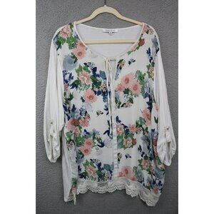 Rose & Olive 3/4 Roll Tabbed Sleeve White Floral Blouse-Size 3X